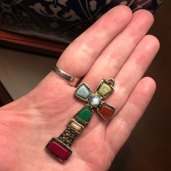 Vintage JEM Connemara Marble (Faux) Cross Pendant - Picture 2 of 7